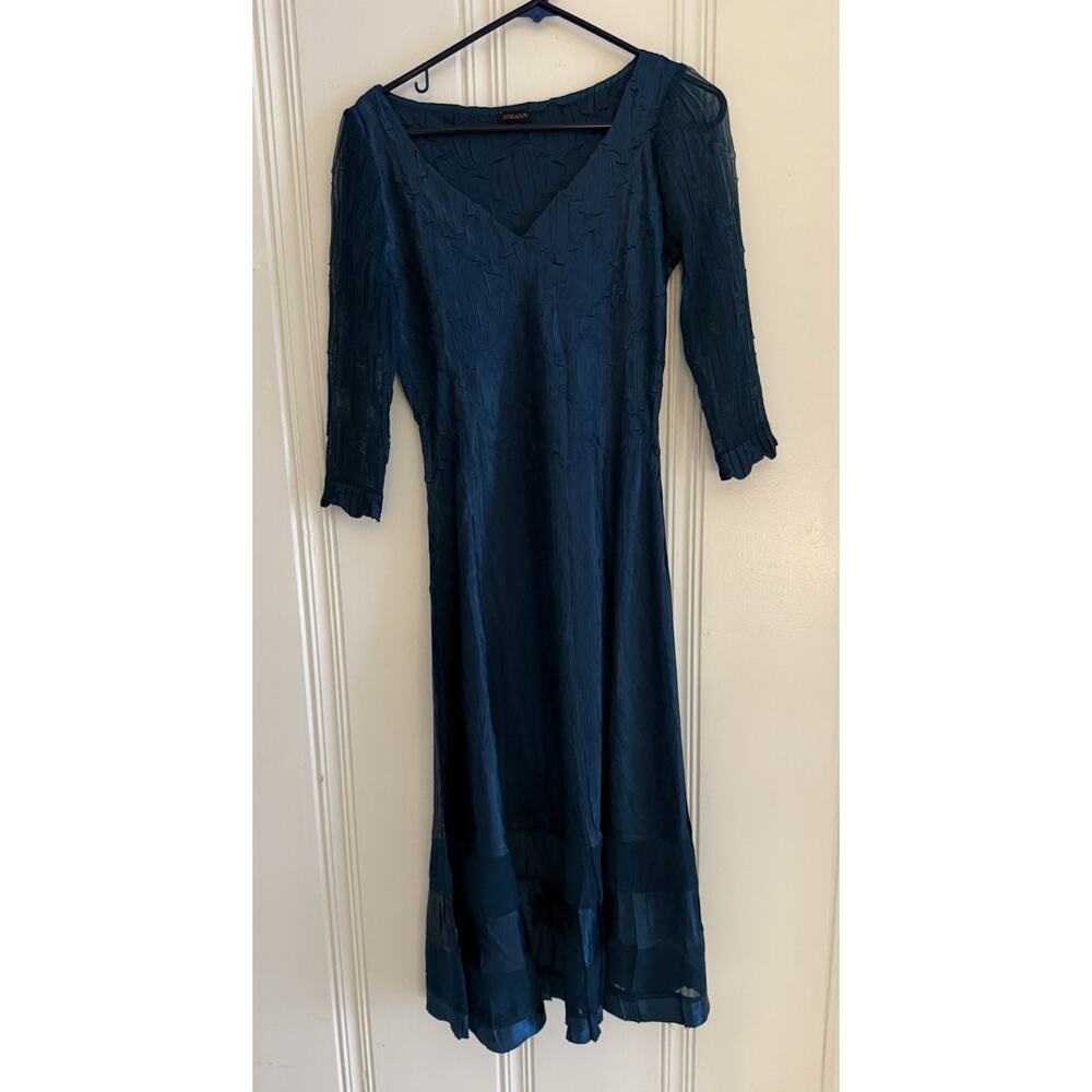 Komarov Sz M Teal Pleated Crepe Dress Cap Sleeve V Neck Sheer Sleeves Hemline